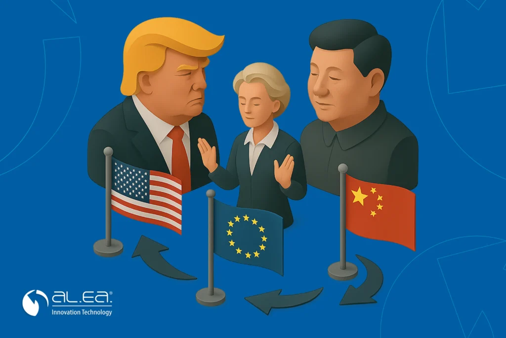 Illustrazione 3D isometrica che rappresenta la filiera industriale globale tra USA, Europa e Cina, con simboli di tensioni commerciali e supply chain resilienti, legata alla strategia produttiva di AL.EA.